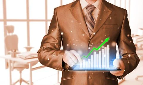 Business man using tablet computer to work with financial data イラスト素材