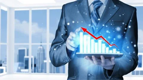 Business man using tablet computer to work with financial data Illustrazione stock