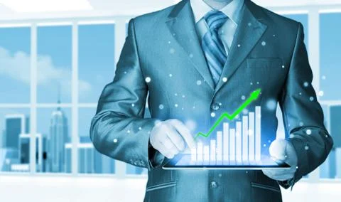 Business man using tablet computer to work with financial data Stock Illustration