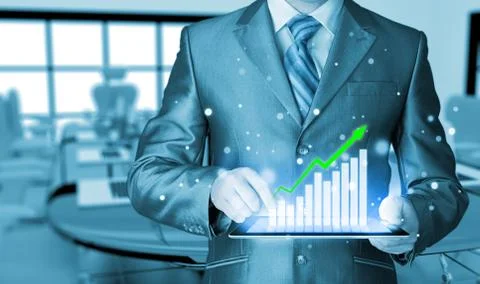 Business man using tablet computer to work with financial data Illustrazione stock