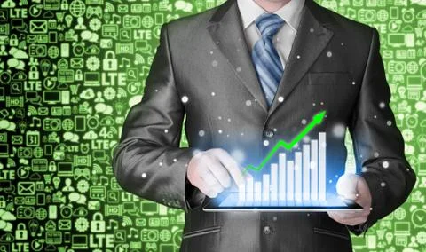 Business man using tablet computer to work with financial data Stock Illustration