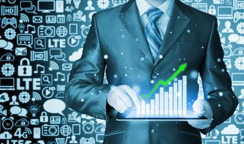 Business man using tablet computer to work with financial data Stock Illustration