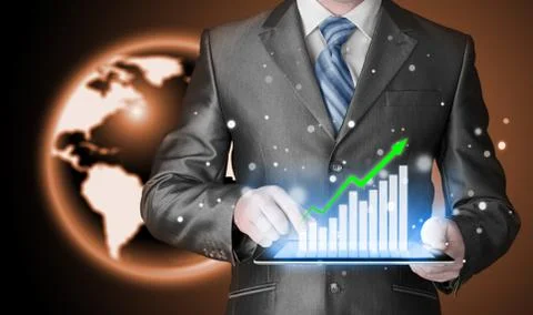 Business man using tablet computer to work with financial data イラスト素材