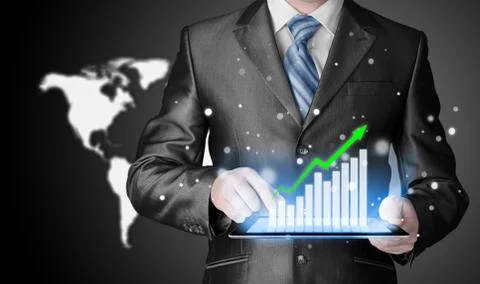 Business man using tablet computer to work with financial data Illustrazione stock