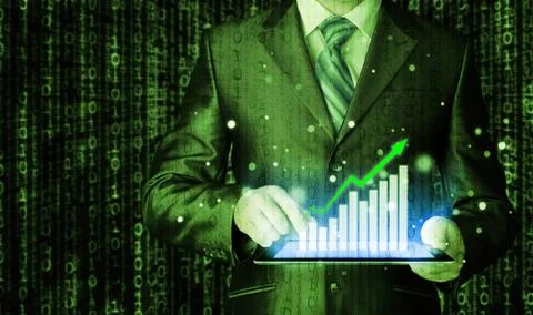 Business man using tablet computer to work with financial data イラスト素材