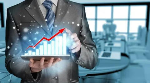 Business man using tablet computer to work with financial data Illustrazione stock