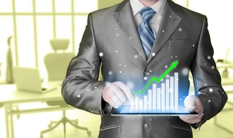 Business man using tablet computer to work with financial data Stock Illustration
