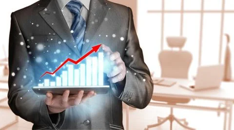 Business man using tablet computer to work with financial data Stock Illustration