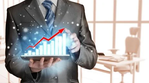 Business man using tablet computer to work with financial data Stock Illustration