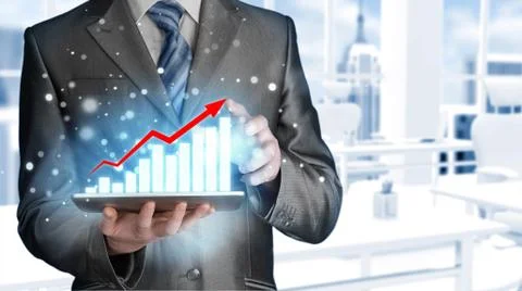 Business man using tablet computer to work with financial data イラスト素材