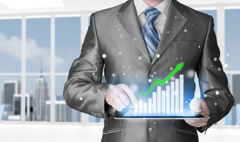 Business man using tablet computer to work with financial data Stock Illustration