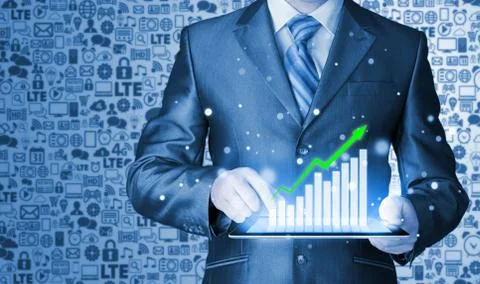 Business man using tablet computer to work with financial data Illustrazione stock