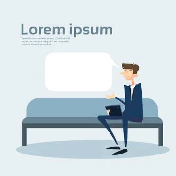 Business Man Using Tablet Computer Sit On Coach Office Interior Workplace Stock Illustration
