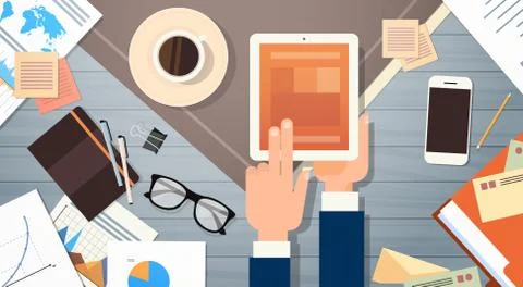 Business Man Using Tablet Computer Workplace Desk Documents Papers Folder Office Stock Illustration