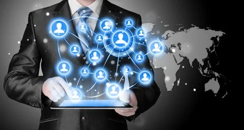 Business man using tablet PC social connection Illustrazione stock
