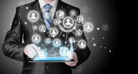 Business man using tablet PC social connection Illustrazione stock