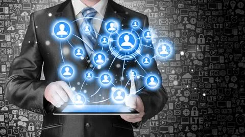 Business man using tablet PC social connection Illustrazione stock