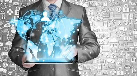 Business man using tablet PC social connection Illustrazione stock