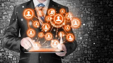 Business man using tablet PC social connection Illustrazione stock