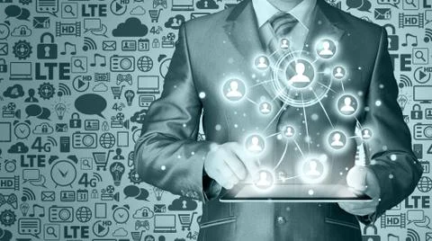 Business man using tablet PC social connection Illustrazione stock