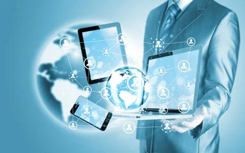 Business man using tablet pc and smartphone social connection Illustrazione stock