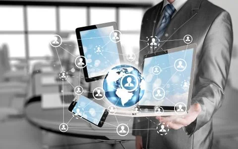 Business man using tablet pc and smartphone social connection Stock Illustration