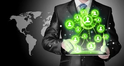 Business man using tablet pc social connection Illustrazione stock
