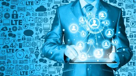 Business man using tablet pc social connection Illustrazione stock