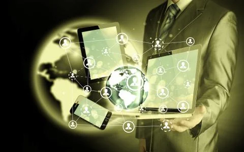 Business man using tablet pc and smartphone social connection Illustrazione stock