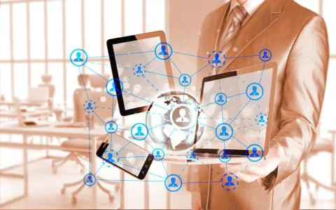 Business man using tablet pc and smartphone social connection Illustrazione stock
