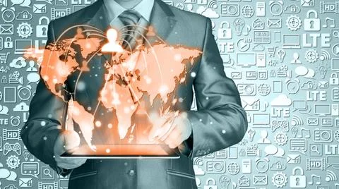 Business man using tablet PC social connection Illustrazione stock