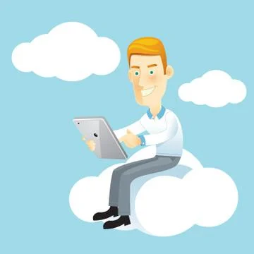Business man using a tablet sitting on a cloud. Stock Illustration