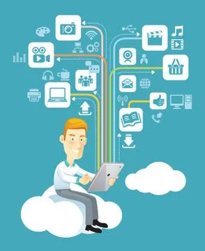 Business man using a tablet sitting on a cloud with social media. Stock-Illustration