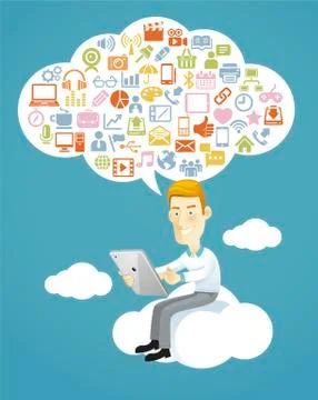 Business man using a tablet sitting on a cloud with social media. Illustrazione stock