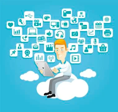 Business man using a tablet sitting on a cloud with social media. Stock Illustration