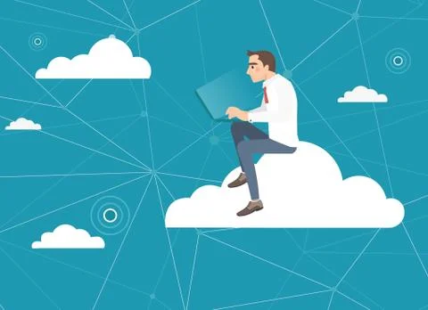 Business man using a tablet sitting on a cloud with social media Ilustración de archivo