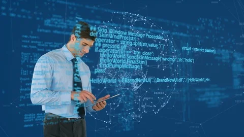 Business man using a touchscreen tablet and a digital sphere Stock Footage 107701050