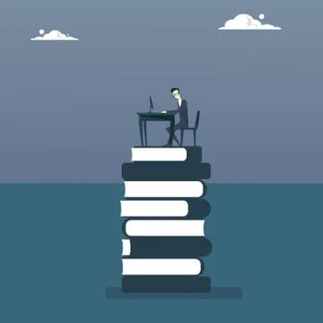 Business Man Work Computer Sitting At Books Stack Student Education Concept Illustrazione stock