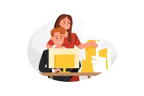 Business man work on the computer at the table, and a lot of documents lie on Stock Illustration