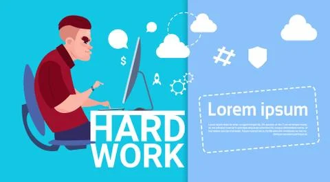 Business Man Working Computer Busy Hard Work Concept Banner With Copy Space Stock Illustration