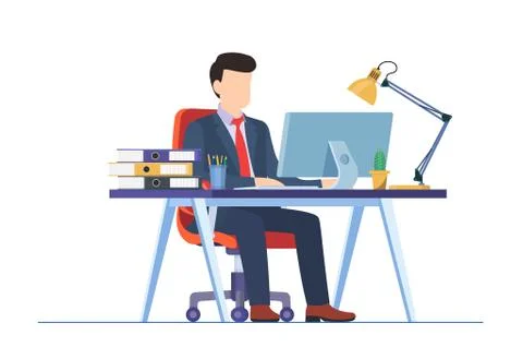 Business man working on computer at the desk in office Stock Illustration