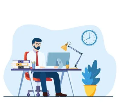 Business man working on computer at the desk in office 스톡 일러스트