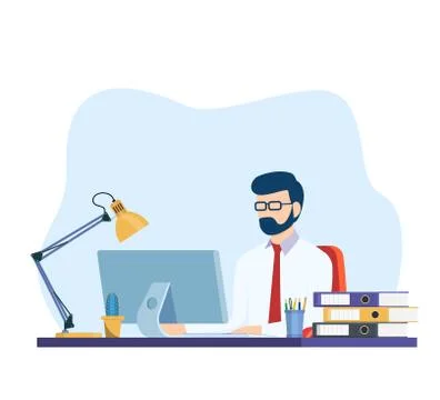Business man working on computer at the desk in office Stock Illustration