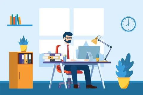 Business man working on computer at the desk in office 스톡 일러스트