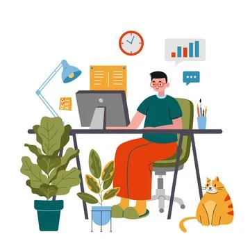 Business man working on computer at the desk, cute cozy home workplace, car.. Stock Illustration