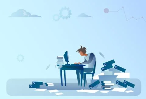 Business Man Working On Computer Overloaded Documents Paperwork Problem Concept Stock Illustration