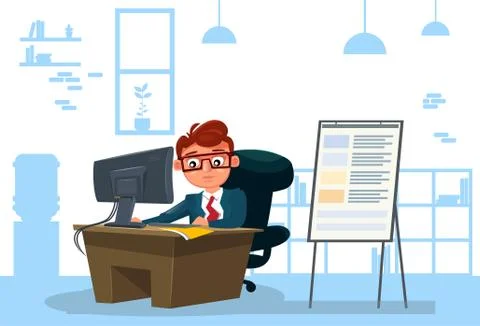 Business Man Working On Computer Sit At Desk Over Office Background Stock Illustration