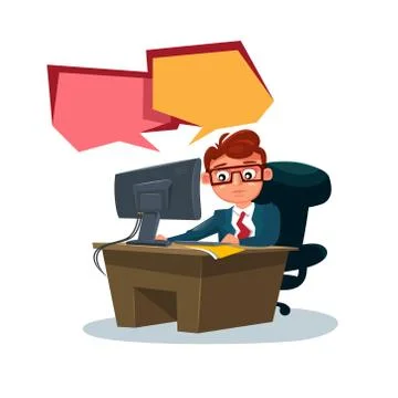 Business Man Working On Computer Sit At Office Desk Over White Background Stockillustratie