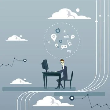 Business Man Working On Computer Thinking Brainstorming Concept Over Abstract Stock Illustration