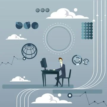 Business Man Working On Computer Thinking Brainstorming Concept Over Abstract Stock Illustration